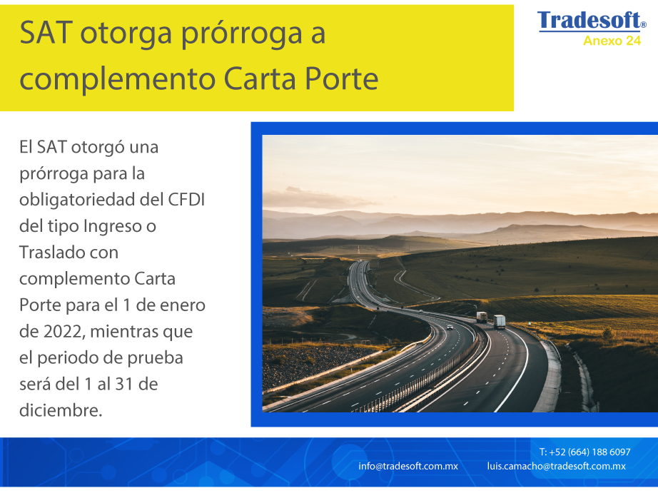 3 de septiembre la postergación del inicio de la Carta Porte. Esta noticia se dio a conocer a través del Twitter de la Cámara Nacional del Autotransporte de Carga (CANACAR) el mismo día.
De acuerdo a los acuerdos alcanzados, la nueva fecha de entrada en vigor será el 1 de enero de 2022.  Antes de la prórroga, los cambios entrarían en vigor el 30 de septiembre del año en curso. A más tardar, el 15 de septiembre se publicarán los cambios a la regla correspondiente.